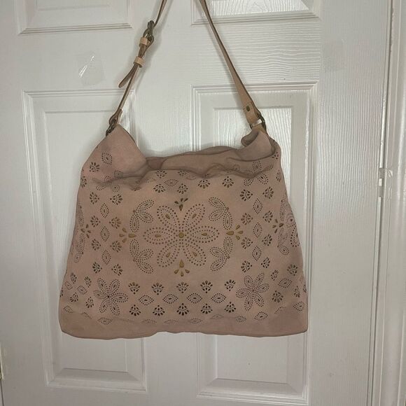 Anthropologie Miss Albright laser cut leather suede blush pink large tote bag. main image 5